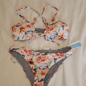 Floral and Striped Bikini Set Reversable Never Worn